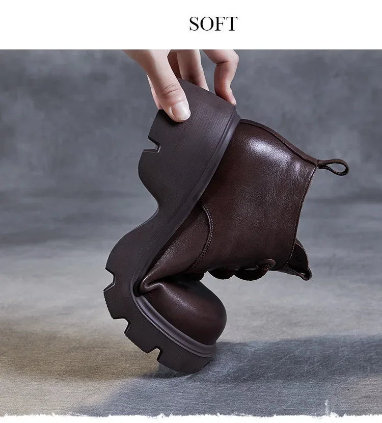 DRKANOL Luxury Design Genuine Leather Ankle Boots For Women Platform Casual Short Boots Women Winter Thick High Heel Warm Shoes