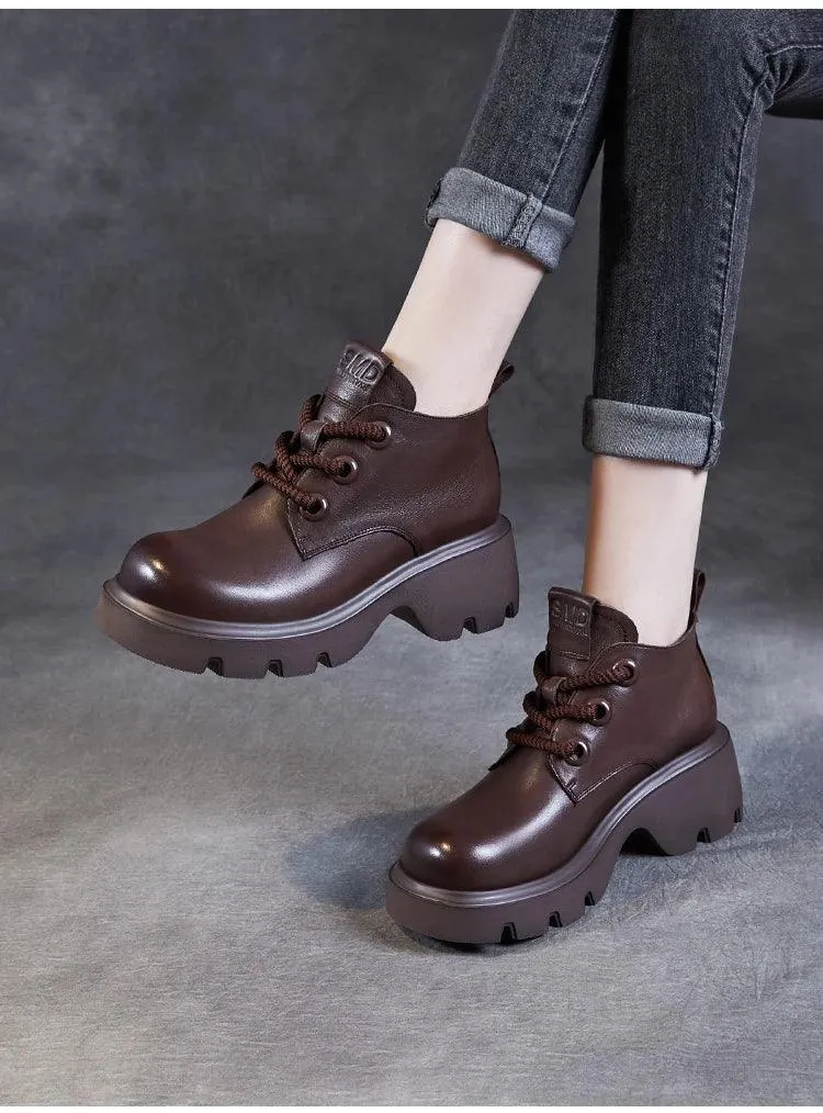 DRKANOL Luxury Design Genuine Leather Ankle Boots For Women Platform Casual Short Boots Women Winter Thick High Heel Warm Shoes