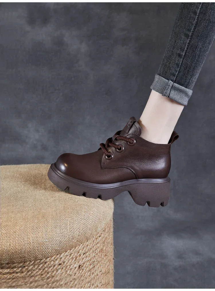 DRKANOL Luxury Design Genuine Leather Ankle Boots For Women Platform Casual Short Boots Women Winter Thick High Heel Warm Shoes
