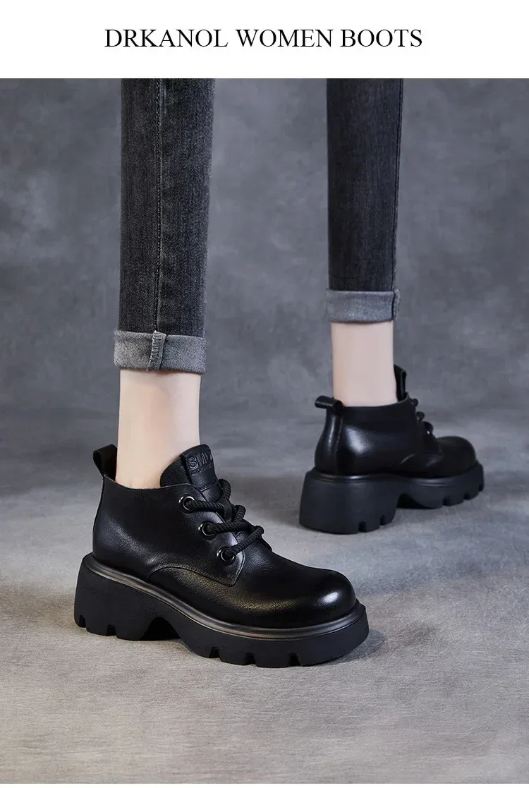 DRKANOL Luxury Design Genuine Leather Ankle Boots For Women Platform Casual Short Boots Women Winter Thick High Heel Warm Shoes