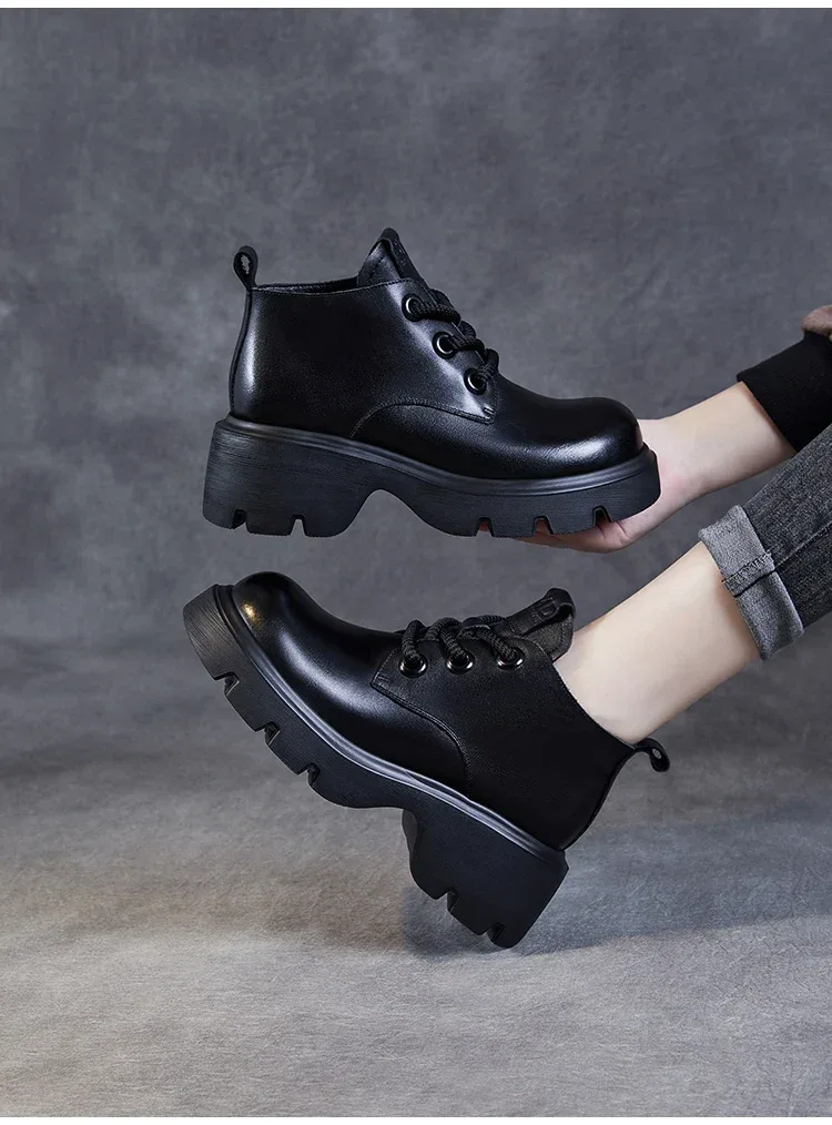 DRKANOL Luxury Design Genuine Leather Ankle Boots For Women Platform Casual Short Boots Women Winter Thick High Heel Warm Shoes