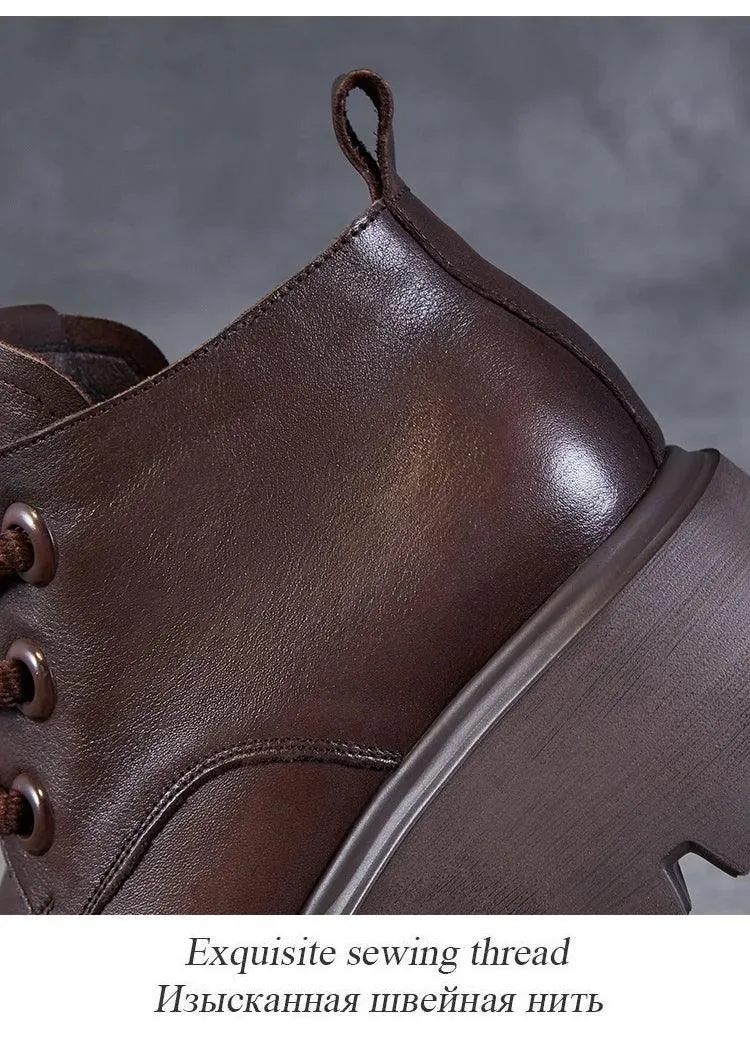 DRKANOL Luxury Design Genuine Leather Ankle Boots For Women Platform Casual Short Boots Women Winter Thick High Heel Warm Shoes