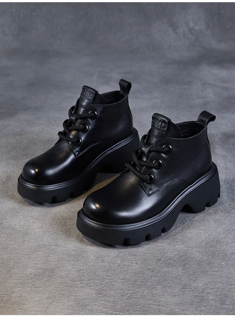 DRKANOL Luxury Design Genuine Leather Ankle Boots For Women Platform Casual Short Boots Women Winter Thick High Heel Warm Shoes