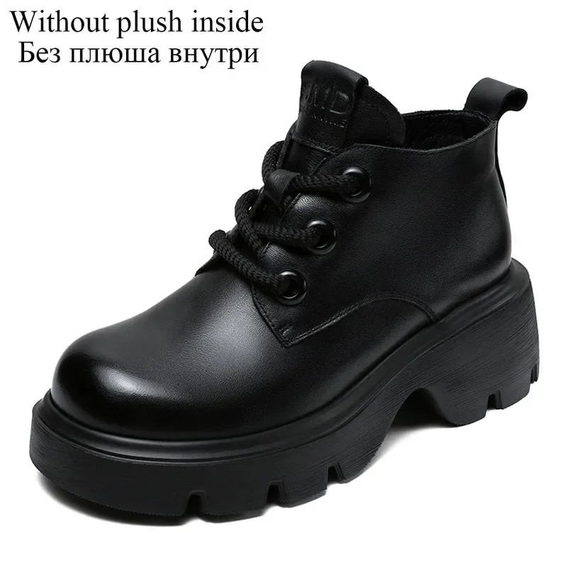 DRKANOL Luxury Design Genuine Leather Ankle Boots For Women Platform Casual Short Boots Women Winter Thick High Heel Warm Shoes