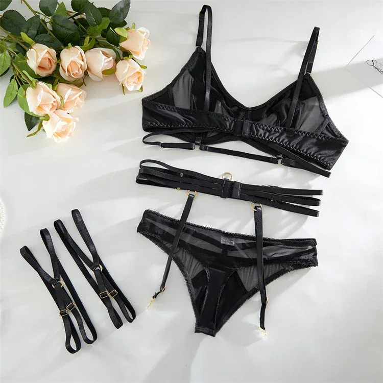 Comeondear Women Suspender Elastic Strap Intimate Underwear Black Plus Size Lingerie Belt Briefs Sexual Mesh Garter Bra Panties
