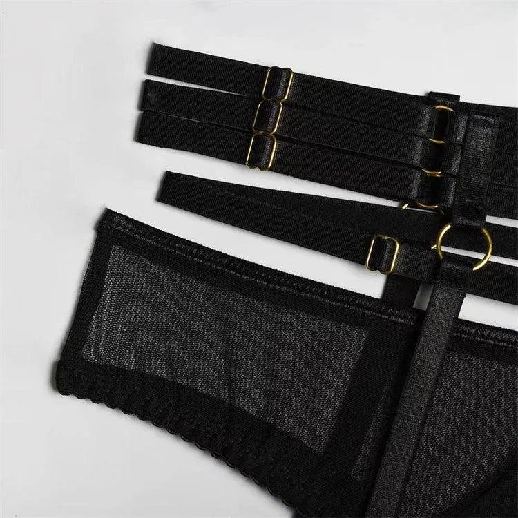 Comeondear Women Suspender Elastic Strap Intimate Underwear Black Plus Size Lingerie Belt Briefs Sexual Mesh Garter Bra Panties