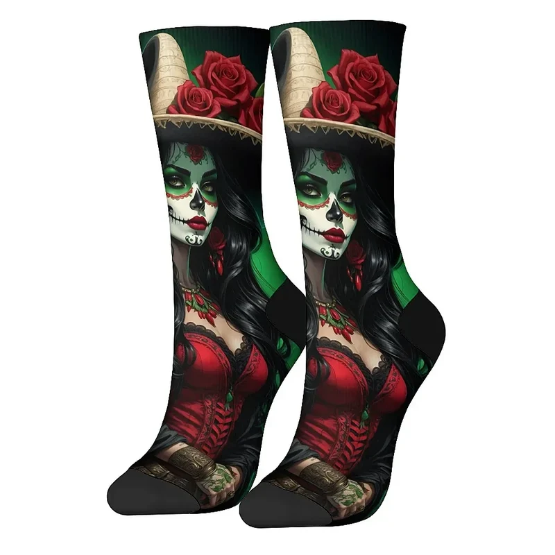 Mens Art Day of the Dead Themed Socks Mexican Grim Reaper Vintage Floral Design Soft Breathable Crew Socks Novelty Holiday Gift