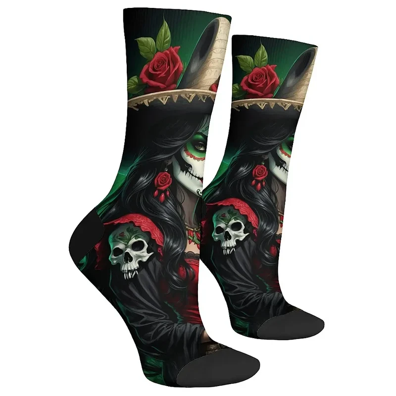 Mens Art Day of the Dead Themed Socks Mexican Grim Reaper Vintage Floral Design Soft Breathable Crew Socks Novelty Holiday Gift