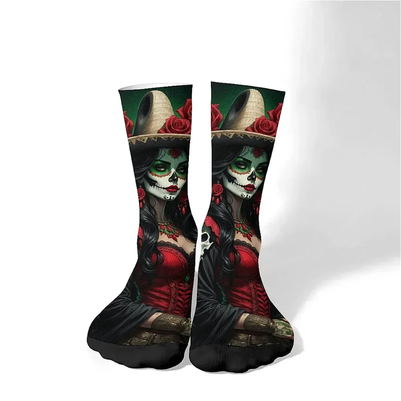 Mens Art Day of the Dead Themed Socks Mexican Grim Reaper Vintage Floral Design Soft Breathable Crew Socks Novelty Holiday Gift