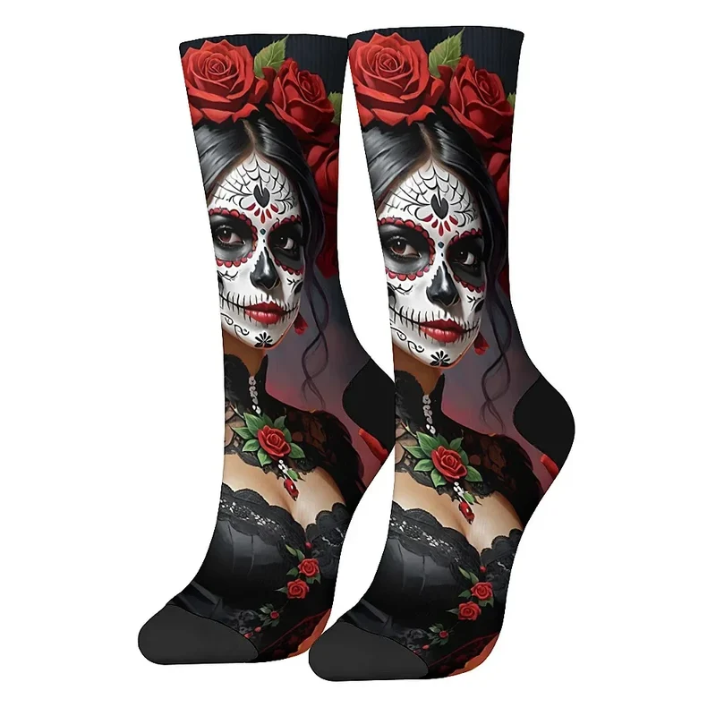 Mens Art Day of the Dead Themed Socks Mexican Grim Reaper Vintage Floral Design Soft Breathable Crew Socks Novelty Holiday Gift