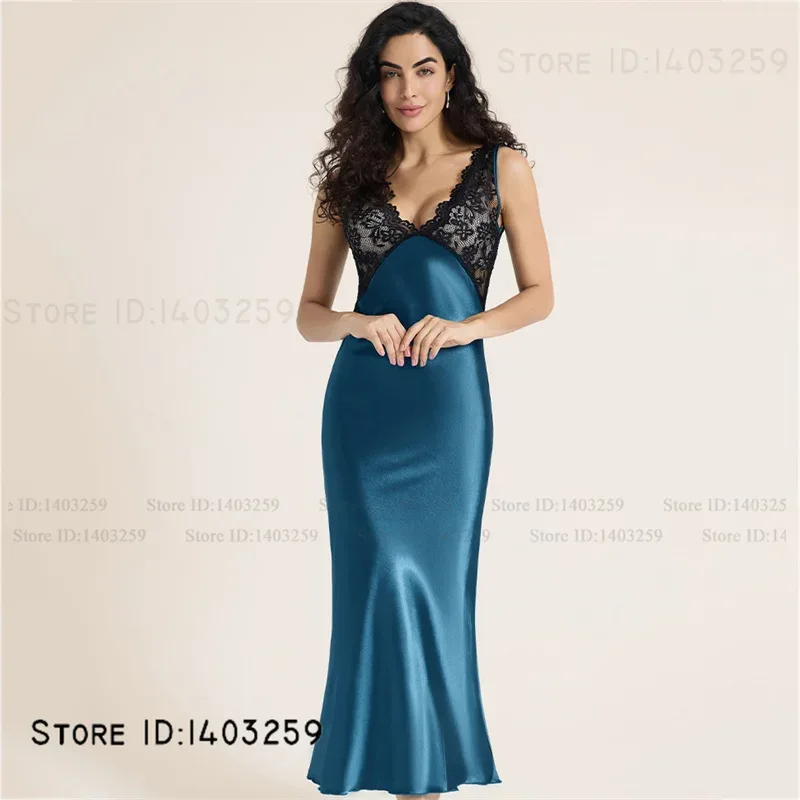 Elegant Female Long Nightgown Sleepwear Sexy Patchwork Lace Backless Nightdress Lingerie Summer New Silk Satin Homewear Nighty