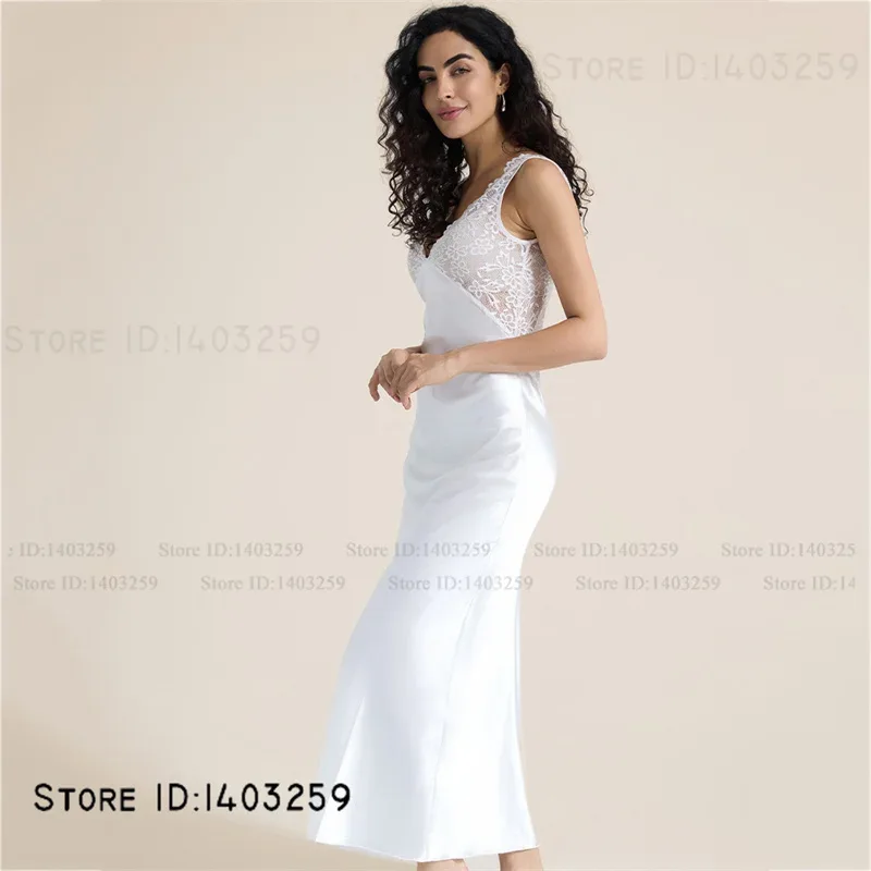 Elegant Female Long Nightgown Sleepwear Sexy Patchwork Lace Backless Nightdress Lingerie Summer New Silk Satin Homewear Nighty