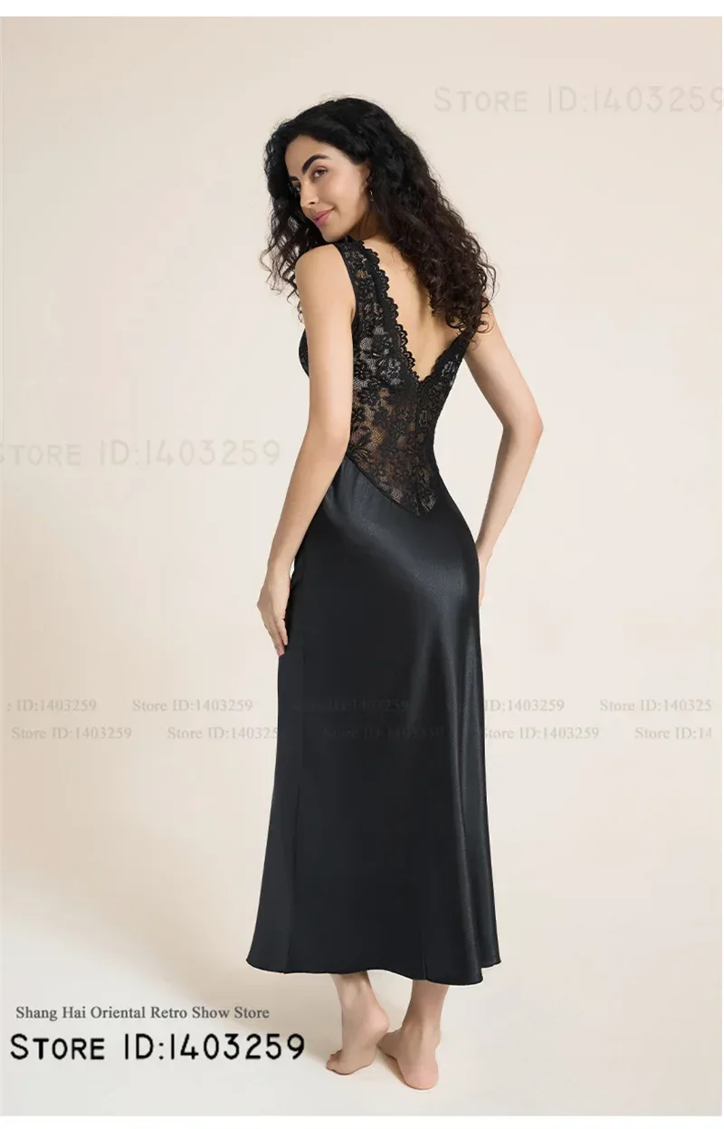 Elegant Female Long Nightgown Sleepwear Sexy Patchwork Lace Backless Nightdress Lingerie Summer New Silk Satin Homewear Nighty