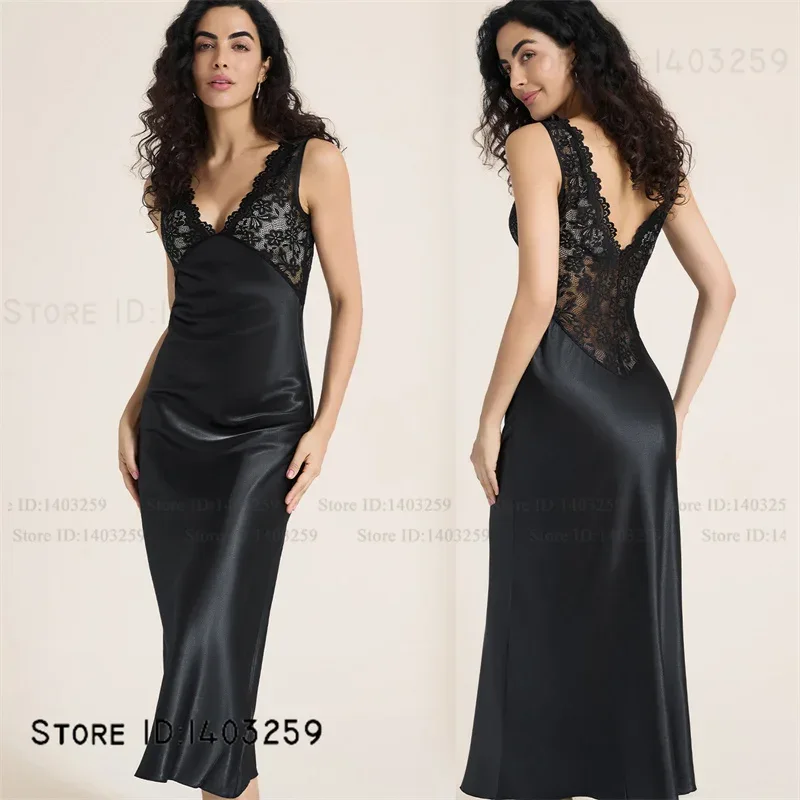 Elegant Female Long Nightgown Sleepwear Sexy Patchwork Lace Backless Nightdress Lingerie Summer New Silk Satin Homewear Nighty