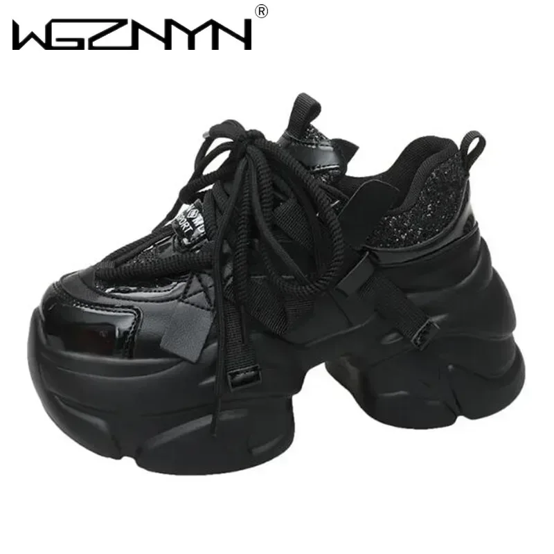 8CM Women Bling Red Chunky Sneakers Winter High Platform Warm Fur Shoes Ladies Wedges Casual Dad Shoes Leather Sports Sneakers