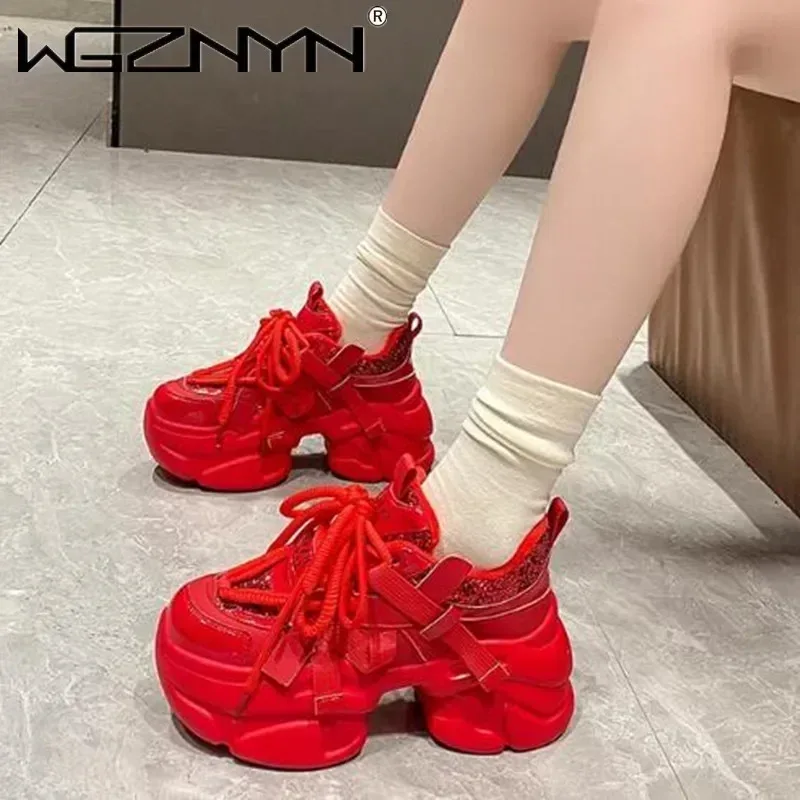 8CM Women Bling Red Chunky Sneakers Winter High Platform Warm Fur Shoes Ladies Wedges Casual Dad Shoes Leather Sports Sneakers