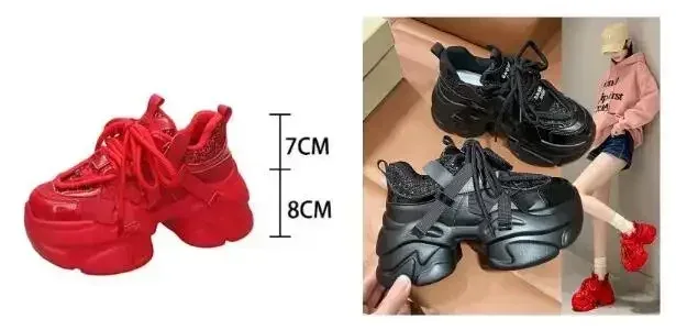 8CM Women Bling Red Chunky Sneakers Winter High Platform Warm Fur Shoes Ladies Wedges Casual Dad Shoes Leather Sports Sneakers