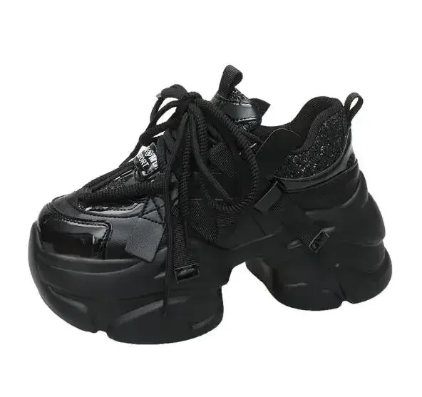 8CM Women Bling Red Chunky Sneakers Winter High Platform Warm Fur Shoes Ladies Wedges Casual Dad Shoes Leather Sports Sneakers