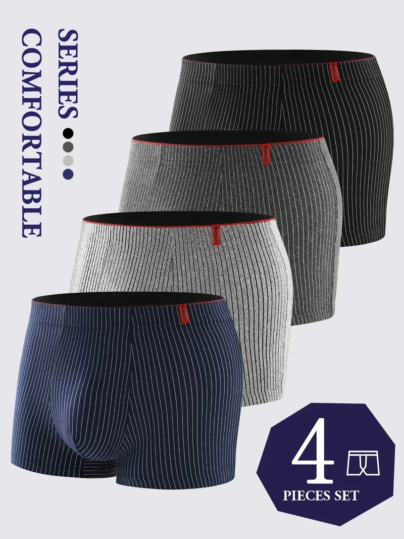 4 pieces of men's boxer underwear Soft, breathable and comfortable men's briefs Striped trendy personality casual loose boxers
