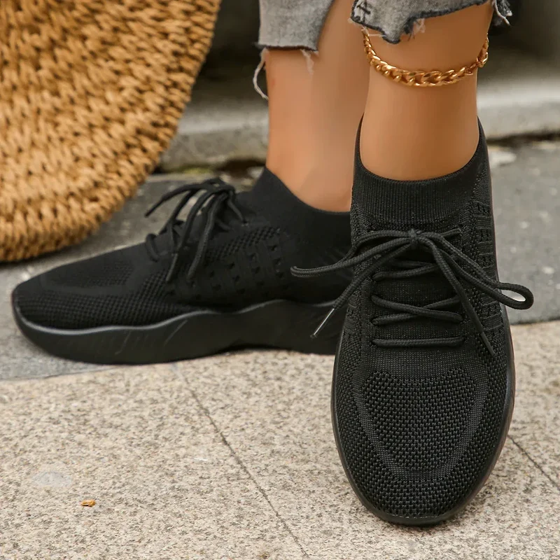 Women's Comfortable Breathable Knitted Sneakers Plus Size Low Cut Flat Casual Sports Shoes for Women 2024 Spring New Arrivals