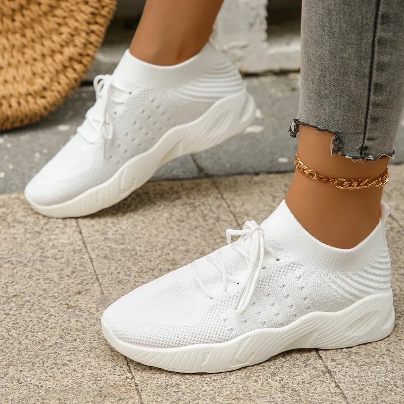 Women's Comfortable Breathable Knitted Sneakers Plus Size Low Cut Flat Casual Sports Shoes for Women 2024 Spring New Arrivals