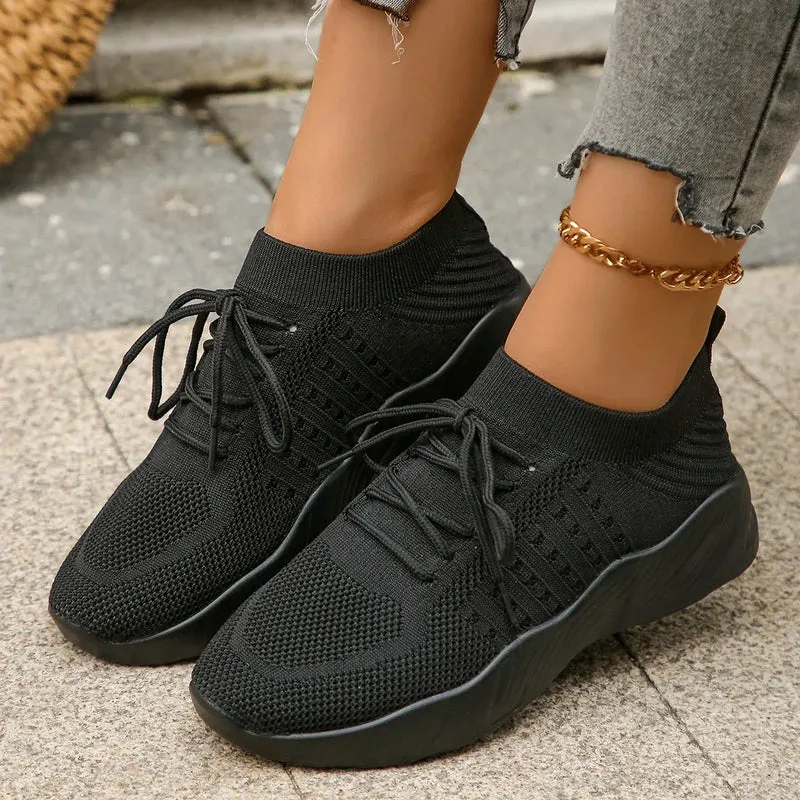Women's Comfortable Breathable Knitted Sneakers Plus Size Low Cut Flat Casual Sports Shoes for Women 2024 Spring New Arrivals