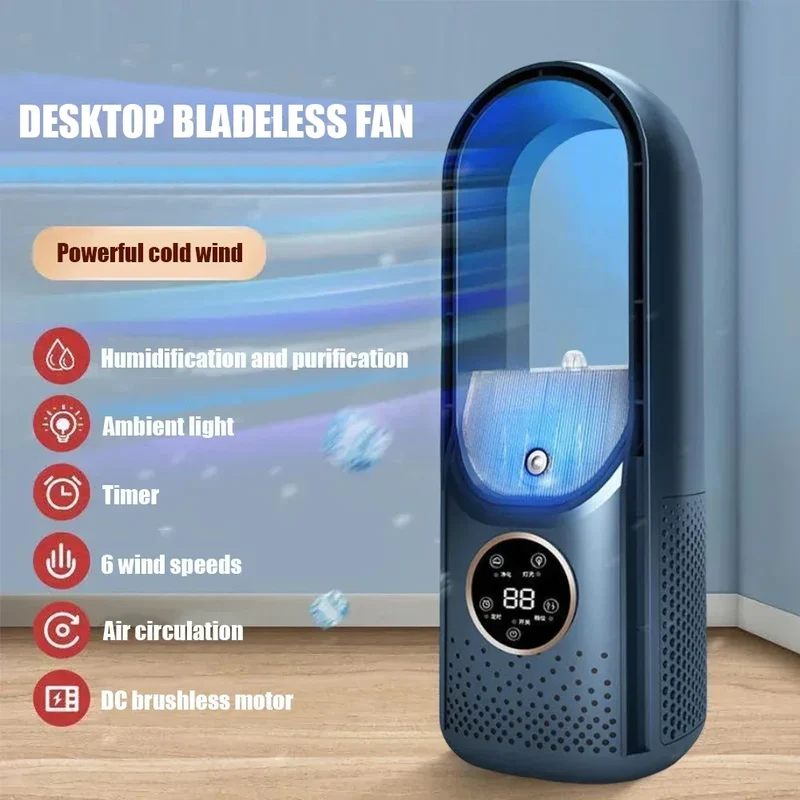 Portable USB Air Cooler Leafless Electric Desktop Fan 6 Speed Silent Timer Air Conditioner Cooling Humidifier Conditioning Fan