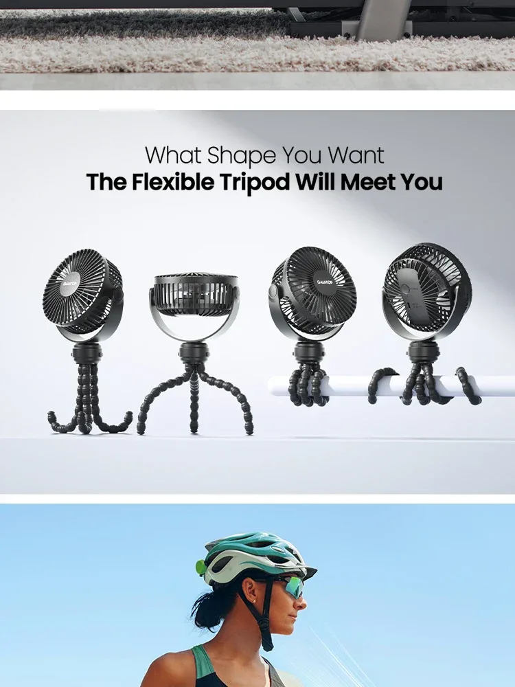Battery Operated Small Clip on Fan, Detachable 3 Speed Rechargeable 360° Rotate Flexible Tripod Cooling Fan for Car Seat Crib