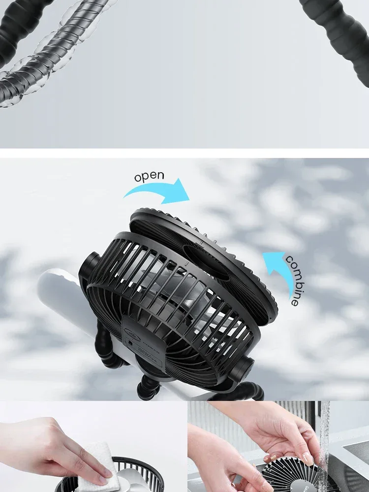 Battery Operated Small Clip on Fan, Detachable 3 Speed Rechargeable 360° Rotate Flexible Tripod Cooling Fan for Car Seat Crib