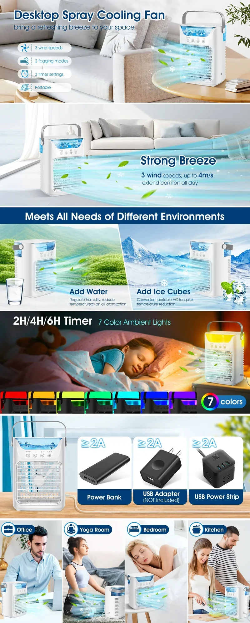 Air Conditioner Portable Desktop Air Cooler Fan with LED Night Light & Humidifier, Mini Mist Cooling Fan for Office Home