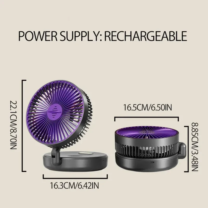 New 5000mAh Rechargeable 3IN1 Multifunctional Portable Fan Wall Mounted Fan 90° Folding Fan 4 Gears With Warm Night Light