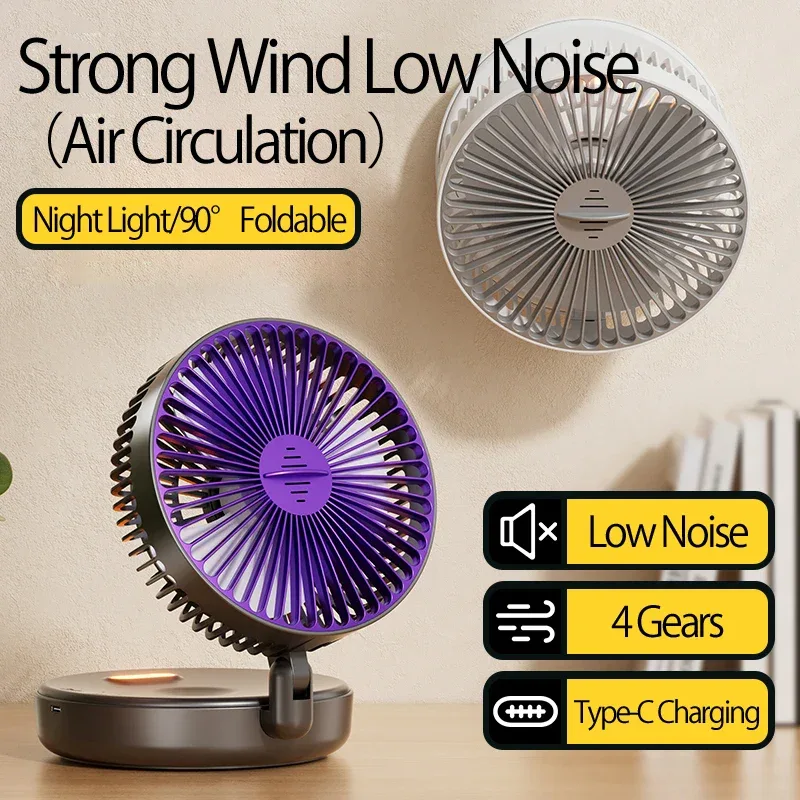 New 5000mAh Rechargeable 3IN1 Multifunctional Portable Fan Wall Mounted Fan 90° Folding Fan 4 Gears With Warm Night Light