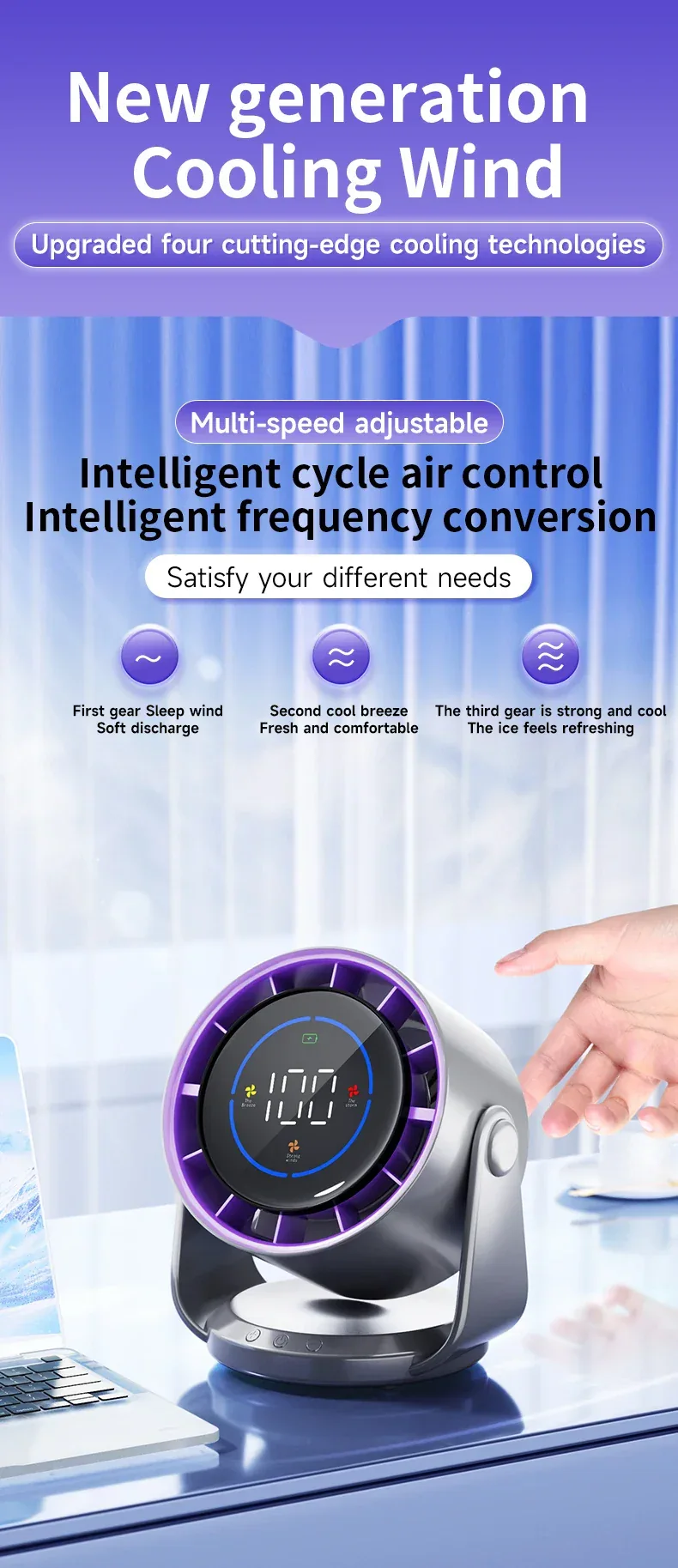 Rechargeable Portable Desktop Fan Digital Multi-Speed Cooling Fan for Indoor Outdoor Home Office Use