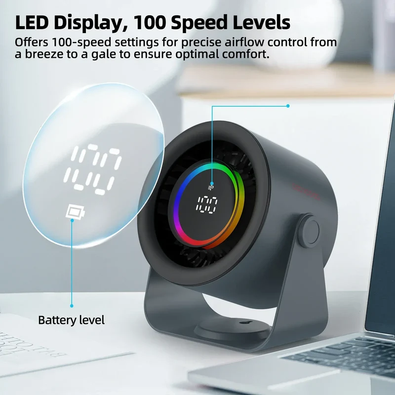 GOOJODOQ Desktop Fan 4000mAh Silent Adjustable Speed Air Circulation Fan 100 Speeds with Digital Display Wall Mountable