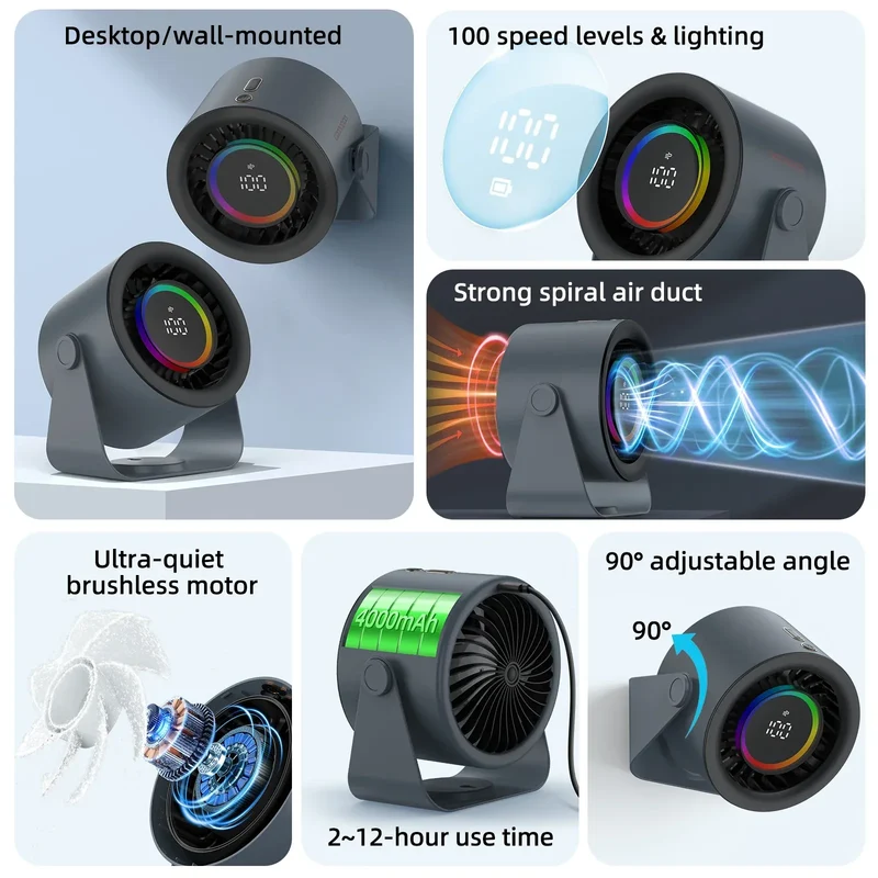GOOJODOQ Desktop Fan 4000mAh Silent Adjustable Speed Air Circulation Fan 100 Speeds with Digital Display Wall Mountable