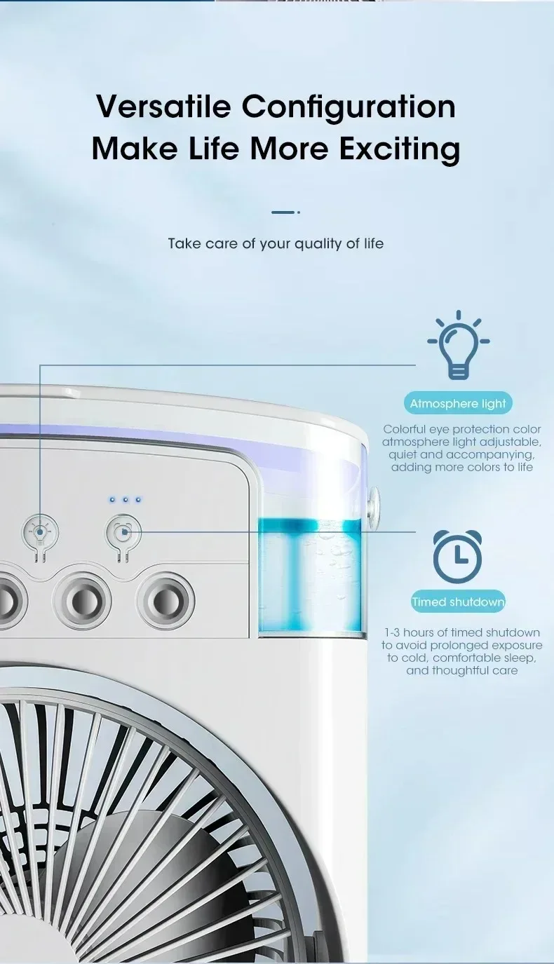 Mini Portable Evaporative Air Conditioner Fan with 7-Color LED Lights 1-2-3 Hour Timer 3 Wind Speeds 3 Spray Modes for Desk