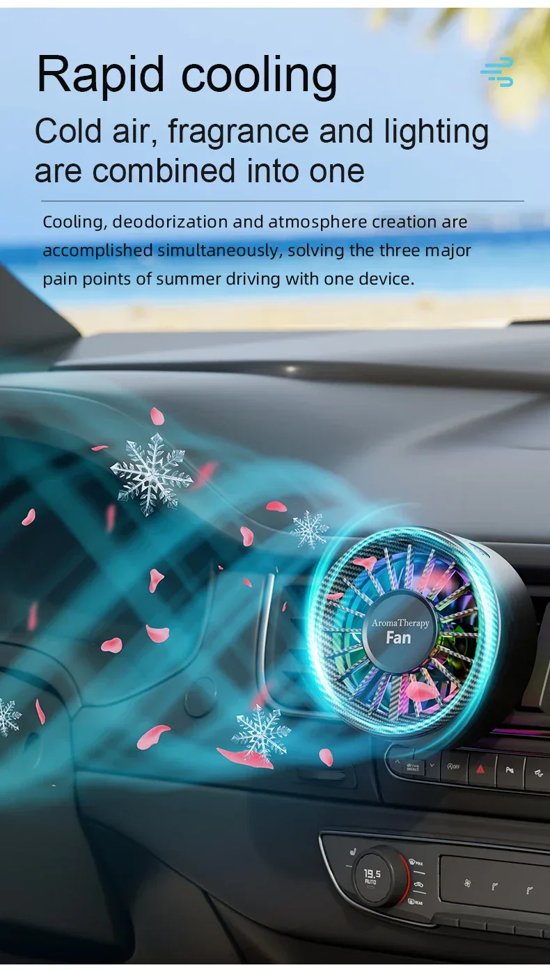 New car aromatherapy fan, USB cool seven color ambient lighting, three adjustable car fans, large truck van car fan
