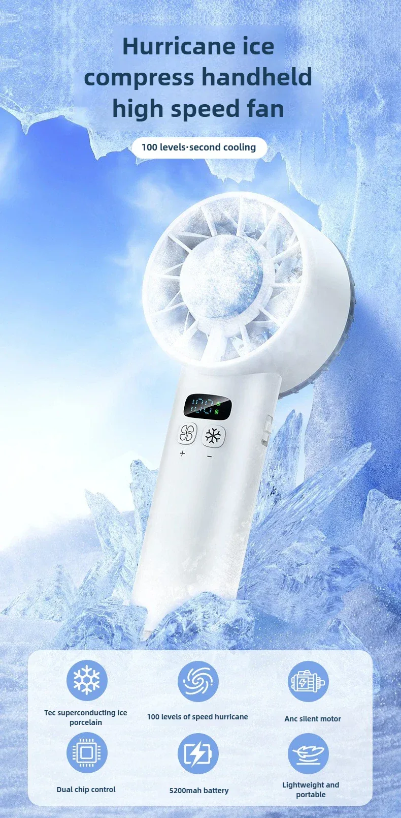 Ice compress high-speed cooling fan handheld fans USB Rechargeable portable mini fan LED Digital Display, Travel,Camping,Outdoor