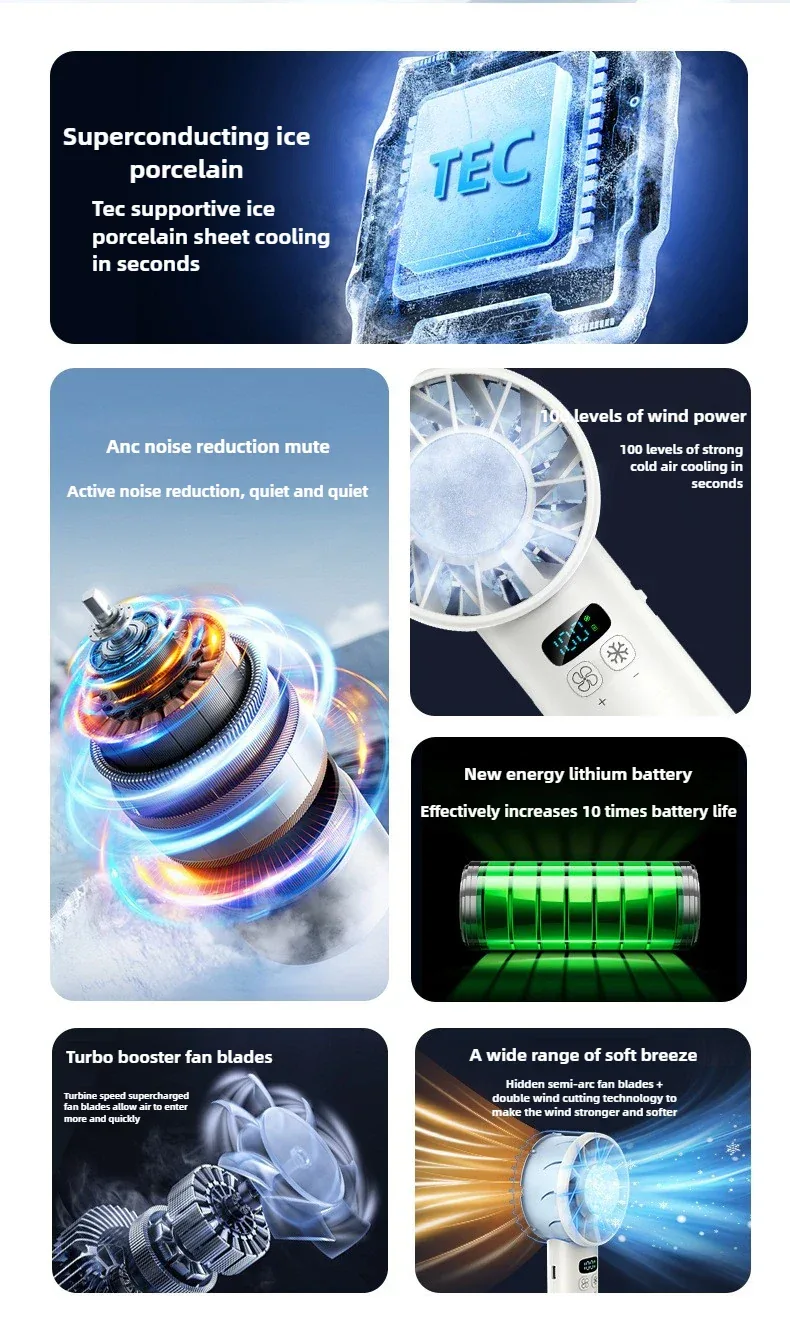 Ice compress high-speed cooling fan handheld fans USB Rechargeable portable mini fan LED Digital Display, Travel,Camping,Outdoor