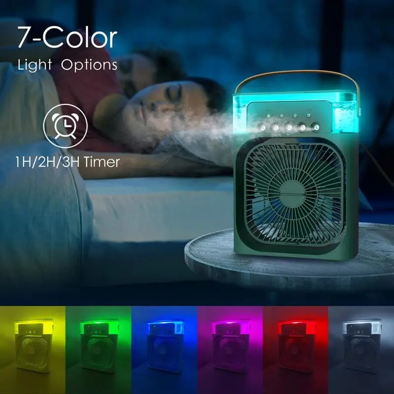 Portable Mini Air Cooler Humidifier Fan 3 Speed Mist Spray 7 Color LED 1/2/3 Hour Timer USB Desk Fan for Home Office Travel
