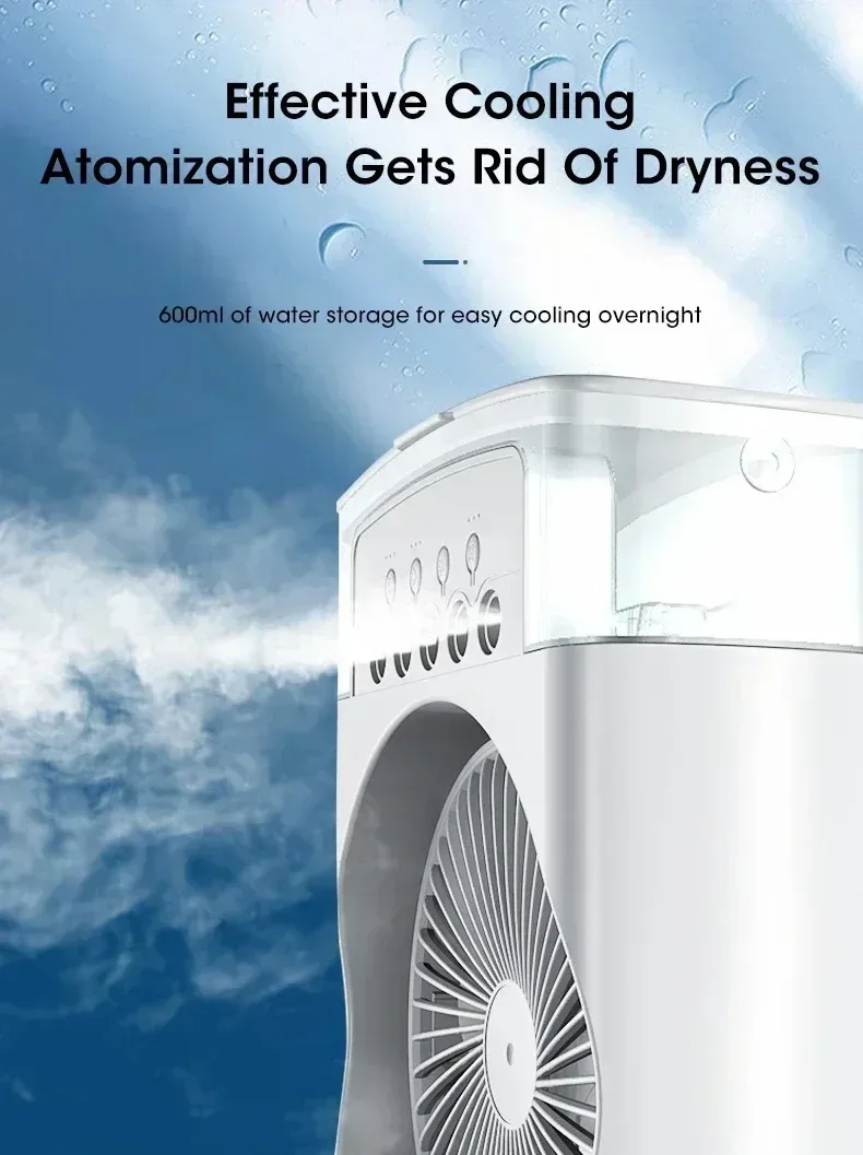 Portable Mini Evaporative Air Cooler Fan with 7 Color LED Light 1/2/3H Timer 3 Wind Modes and 3 Spray Settings for Desk
