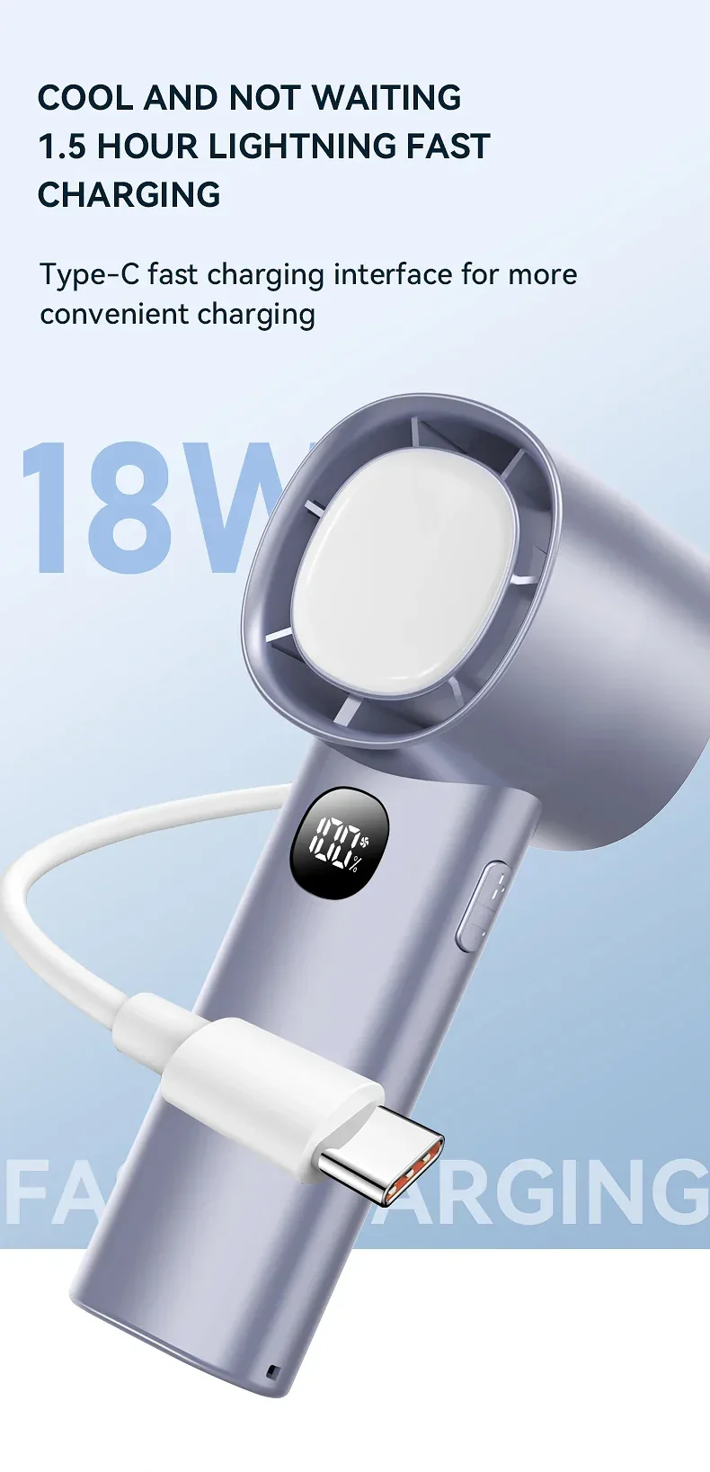 Night Light Cooling Fan 5000mAh Handheld Cooling Fan Portable Handheld Turbo Fan 100 Wind Speeds Adjustable Mini Personal Fan