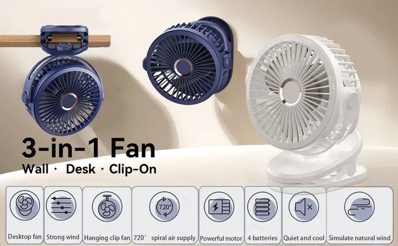 Desktop Fan Portable Clip Fan for Home Room Office Desk/Clip Fan 720° Rotate Wireless Wall Fan Portable Mini Air Circulator Fan