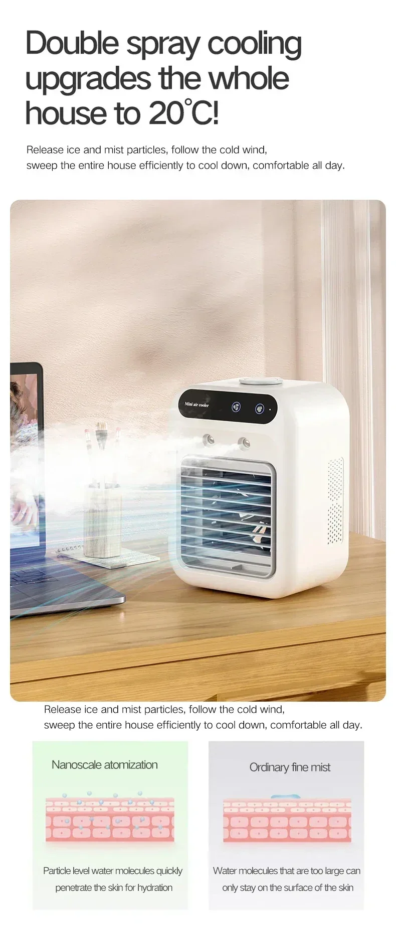Mini Air Cooler Fan Portable Desktop Cooling Fan with Spray Humidification 2 Wind Speeds Rechargeable for Home Office Cooling