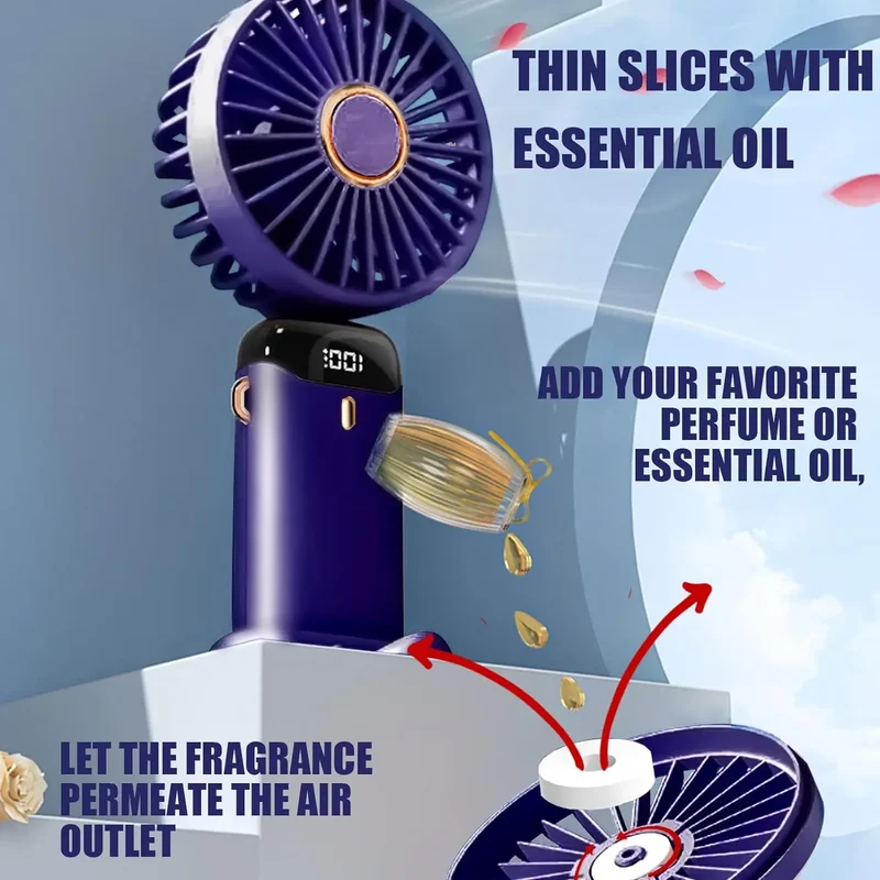 Handheld Fan,Foldable Desk Desktop Type-C Rechargeable Fans with Lanyard and Base, Mini Fan with LED Display 4000mAh