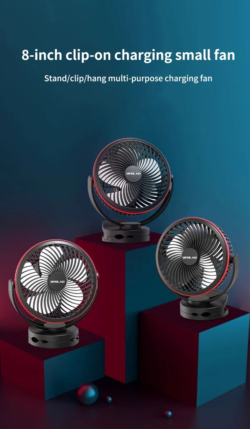 OPOLAR 8inch 10000mAh Rechargeable Clip Fan Desktop Mini Air Cooler with Timing Removable Fan Guard