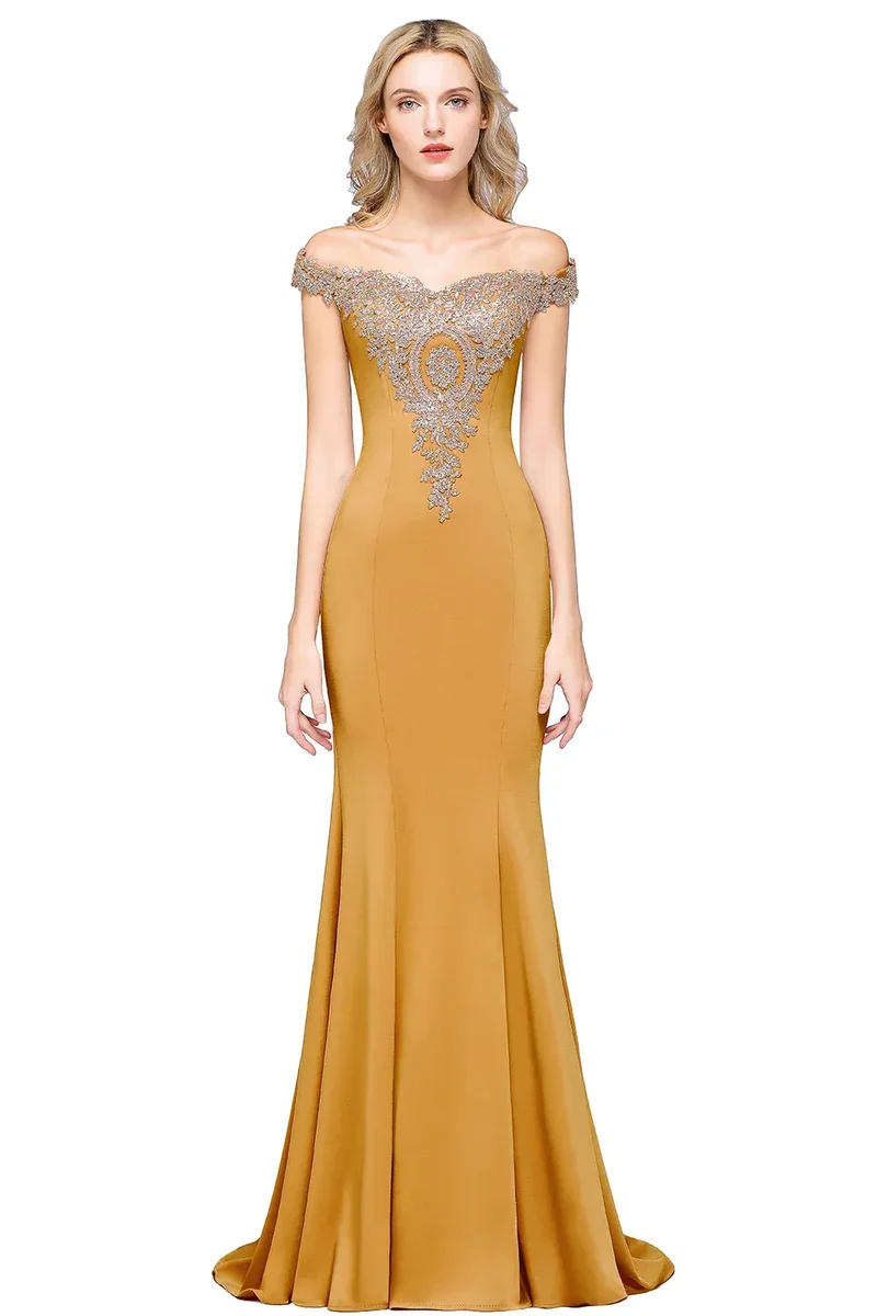 Robe de Soiree 2026 Elegant Off-Shoulder Evening Dress Sexy Lace Crystals Rose Gold Long Prom Party Dresses Vestido de Festa