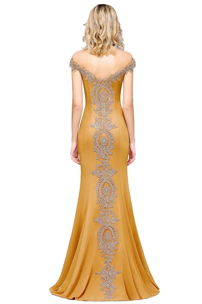 Robe de Soiree 2026 Elegant Off-Shoulder Evening Dress Sexy Lace Crystals Rose Gold Long Prom Party Dresses Vestido de Festa