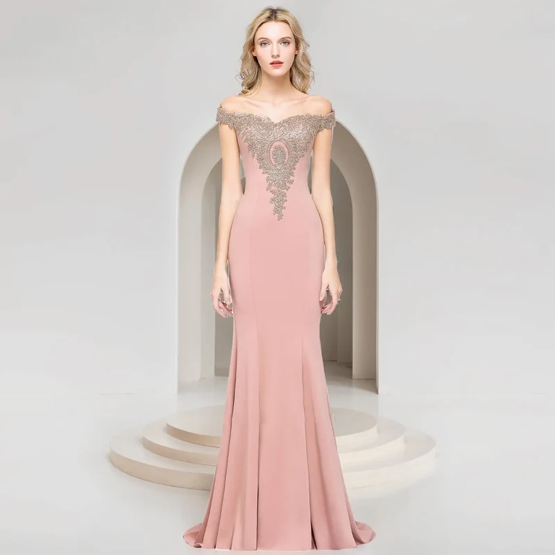 Robe de Soiree 2026 Elegant Off-Shoulder Evening Dress Sexy Lace Crystals Rose Gold Long Prom Party Dresses Vestido de Festa