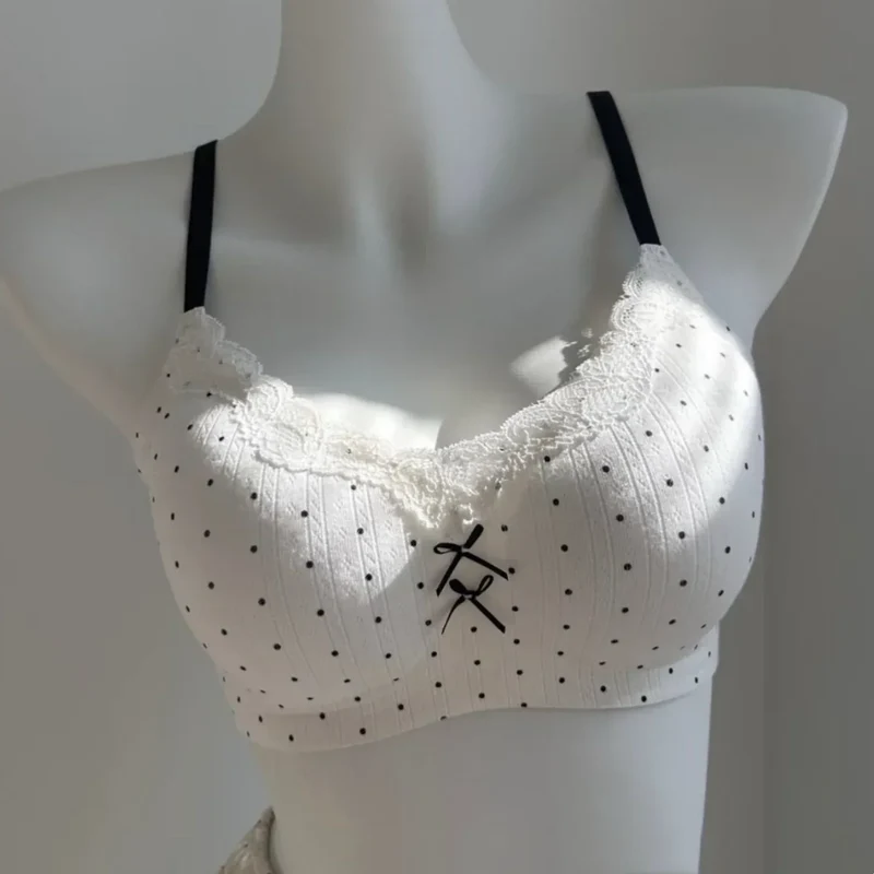 Lace Contrast Floral Print Lingerie for Women, Small Chest Gathering, Seamless and Underwire Bra